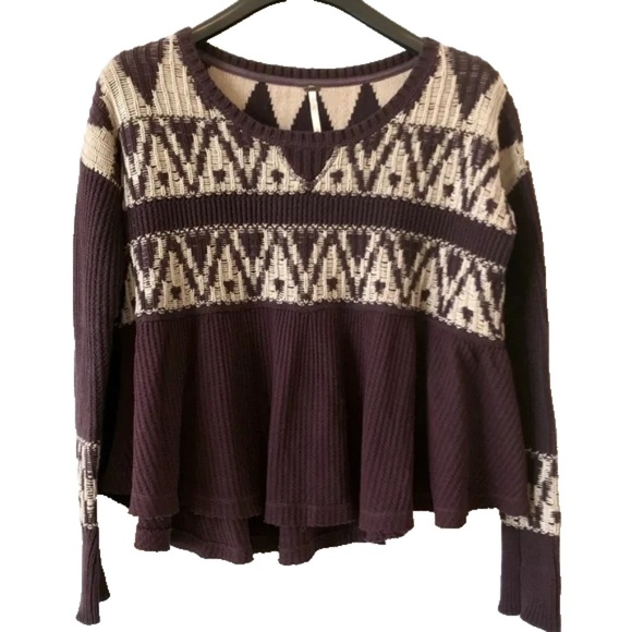 Free People Fair Isle Sweater Thermal Size XSmall Waffle Knit Cozy Babydoll - Picture 1 of 14